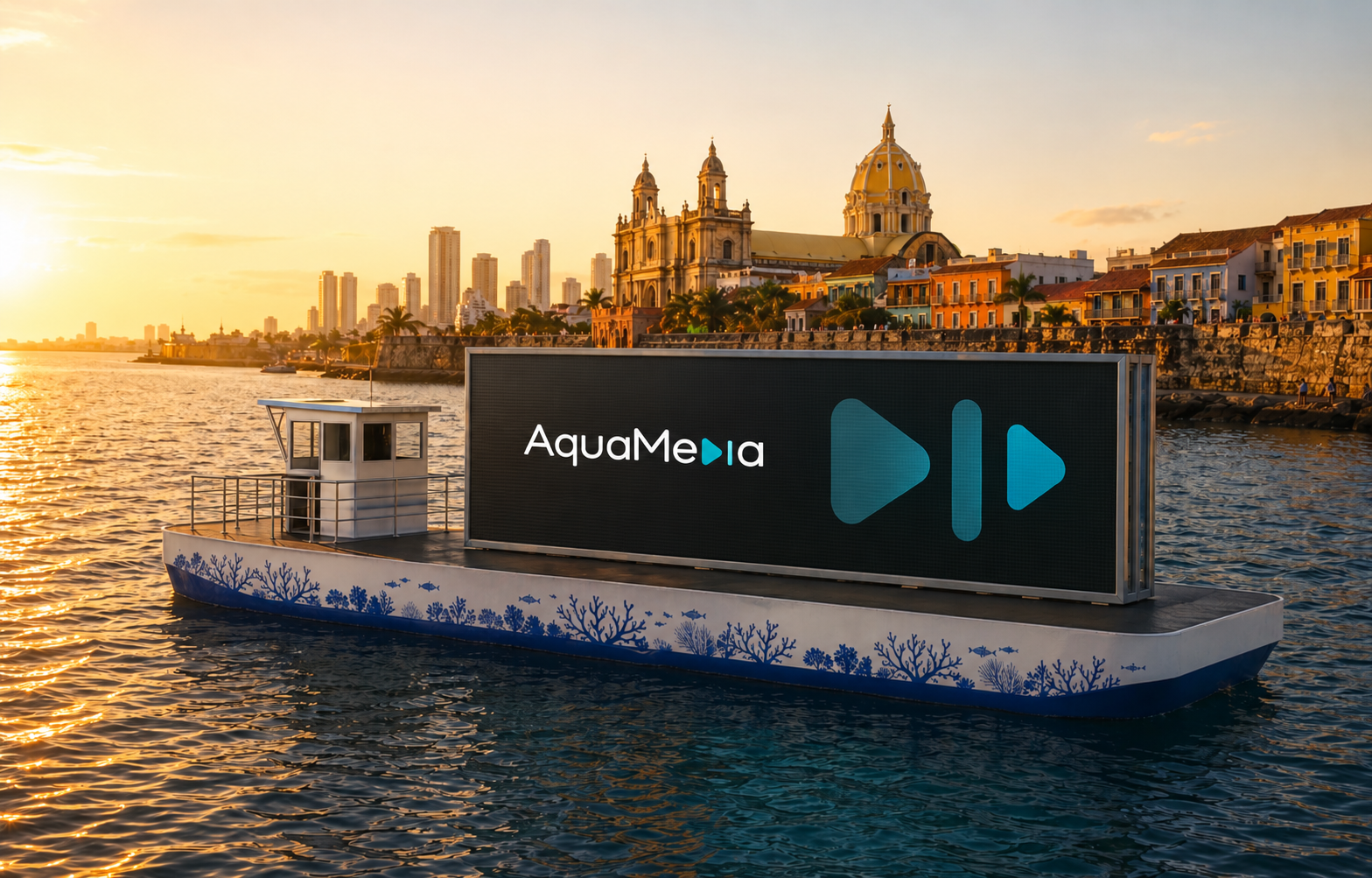 Render conceptual de la barcaza AquaMedia con su identidad en la pantalla, casco decorado con corales azules y Cartagena al atardecer.
